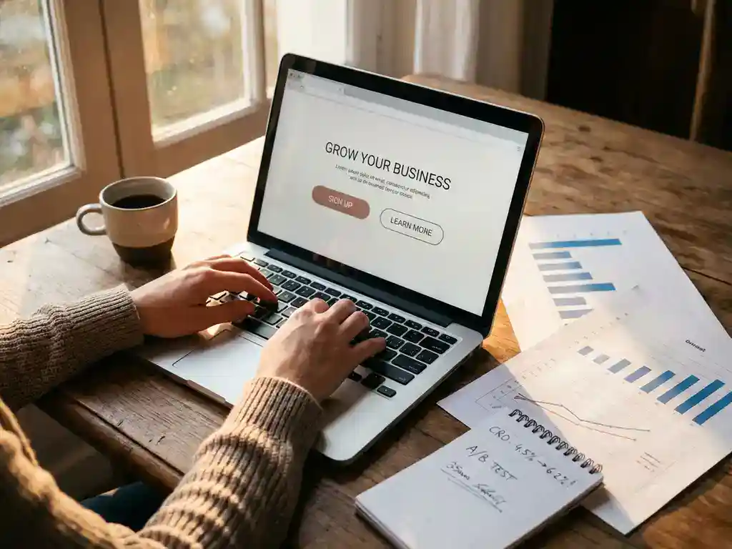 Laptop displaying minimalist webpage with call-to-action buttons on wooden desk with analytics reports and coffee cup