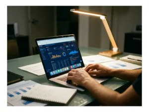 Professional typing on laptop displaying data visualizations and tech icons, with business charts on glass desk under LED lamp.