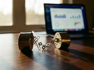 Powerful magnet on modern desk pulling scattered paper clips in arc, laptop with analytics glowing in background, golden hour lighting.