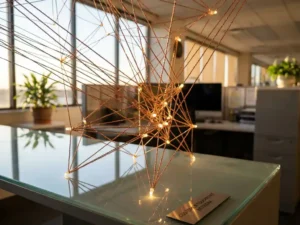 Three-dimensional wire sculpture with glowing LED nodes mapping network connections on glass desk in modern office