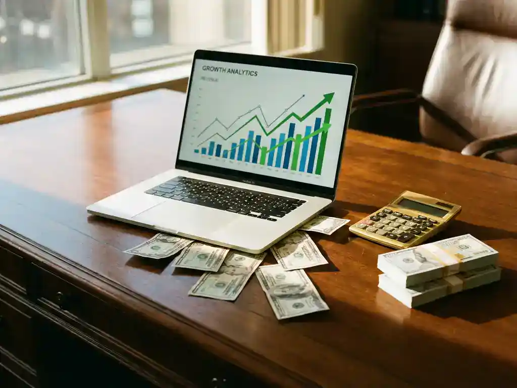 Laptop displaying upward trending analytics graphs with dollar bills and calculator on wooden desk in sunlight