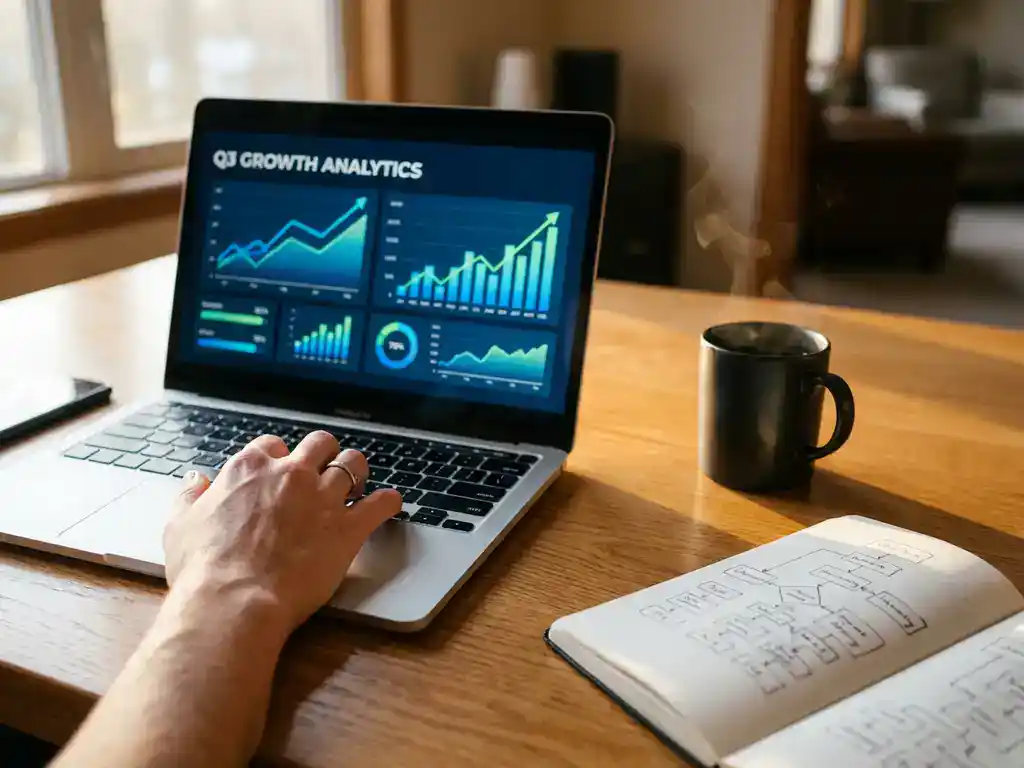 Professional's hands typing on laptop displaying analytics dashboard with upward trending graphs, coffee and notepad on desk.