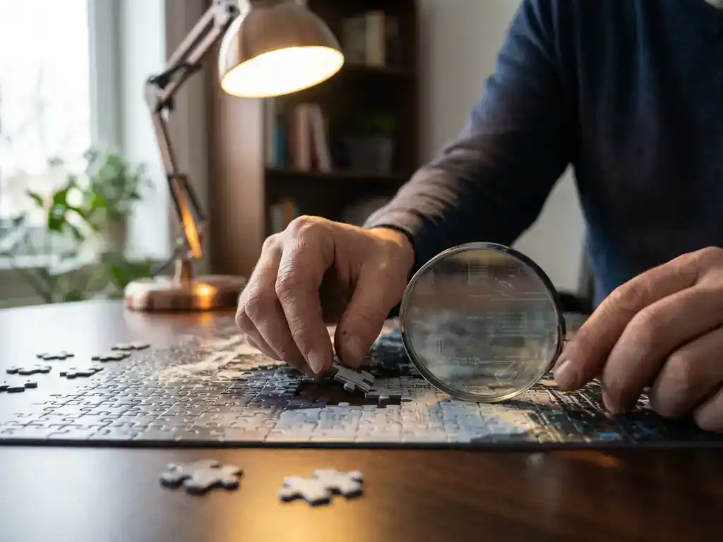 Professional hands assembling jigsaw puzzle on modern desk with magnifying glass revealing data patterns under warm lamp light
