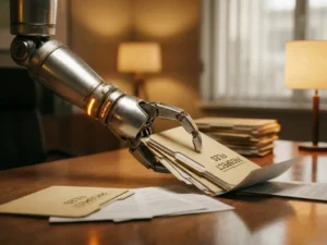 Robotic arm with amber malfunction light dropping business prospect files on office desk, papers scattered across surface