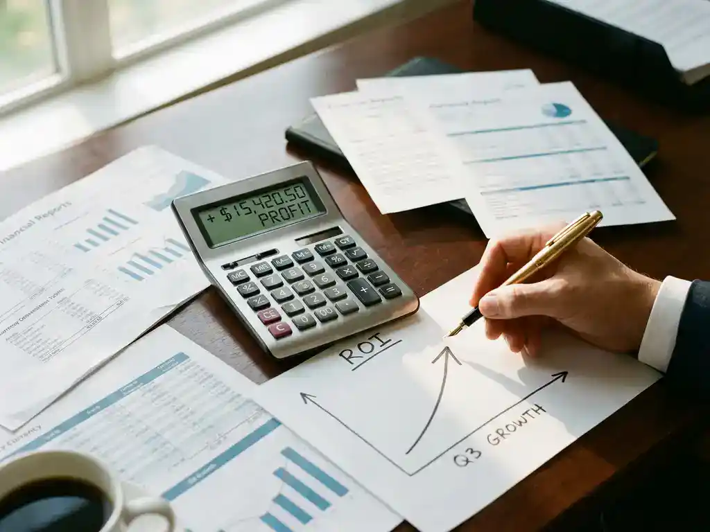 Calculator showing profit figures on desk with financial documents, ROI charts, and businessman's hand pointing to upward trend graph