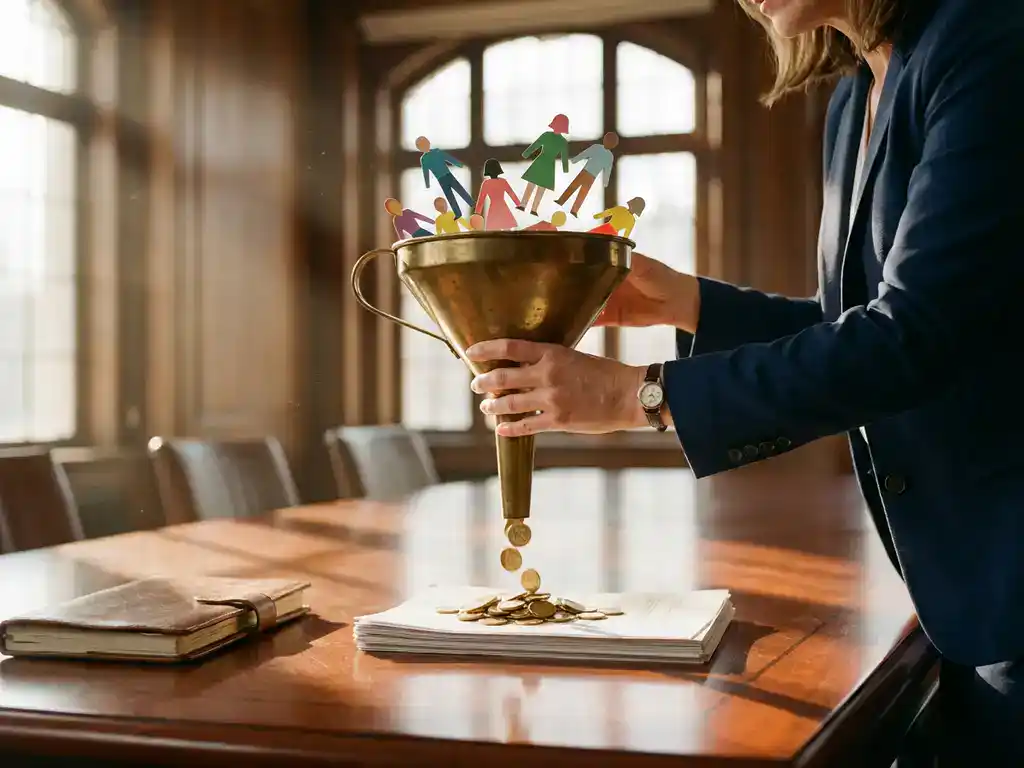 Businesswoman's hands adjusting sales funnel on conference table with paper people entering and gold coins exiting