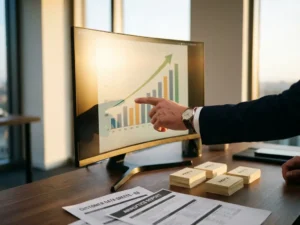Businessman pointing to upward trending sales graph on computer monitor with customer data sheets and analytics reports on modern office desk