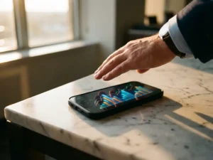 Smartphone displaying colorful analytics charts with rising trend lines on marble desk, businessman's hand reaching to tap screen