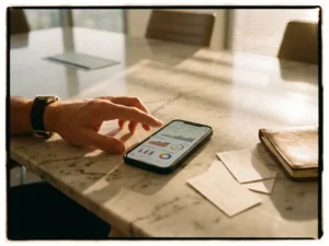Smartphone displaying customer analytics dashboard on marble conference table with business cards and professional's hand reaching toward device