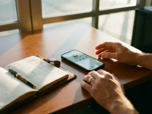 Smartphone displaying contact profile screen on office desk beside open leather address book with fountain pen in golden sunlight