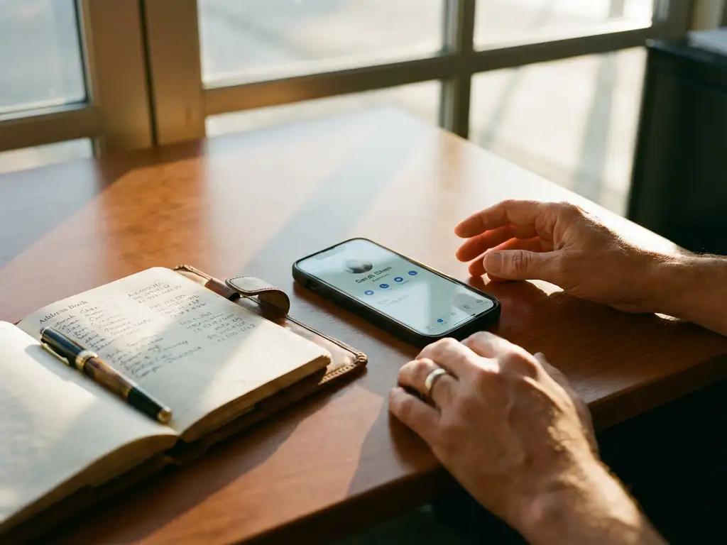 Smartphone displaying contact profile screen on office desk beside open leather address book with fountain pen in golden sunlight