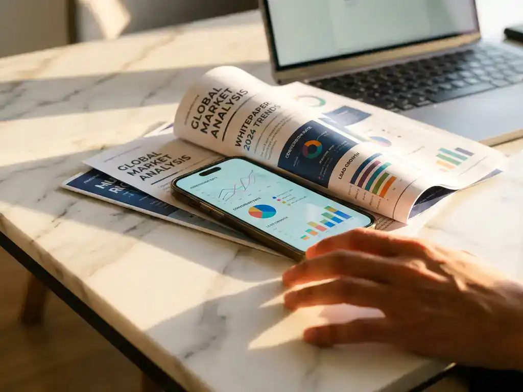 Smartphone displaying colorful analytics graphs on marble desk with scattered marketing materials and laptop in background