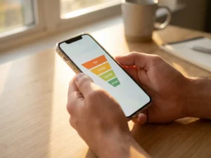 Hands holding smartphone displaying conversion funnel interface on wooden desk with warm natural lighting