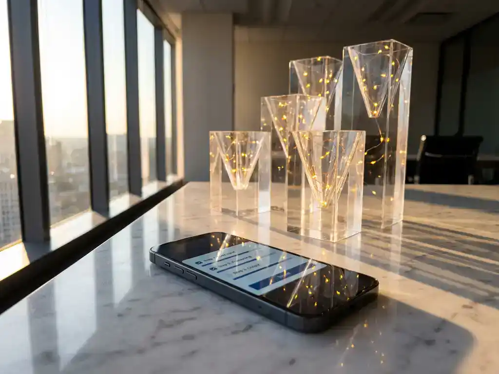 Smartphone displaying step-by-step progress interface on marble desk with colorful LED conversion funnel models in office