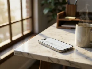 Smartphone displaying email inbox on marble desk with coffee cup in warm morning sunlight