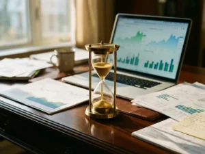 Hourglass with flowing golden sand on wooden desk with laptop showing analytics graphs and financial reports