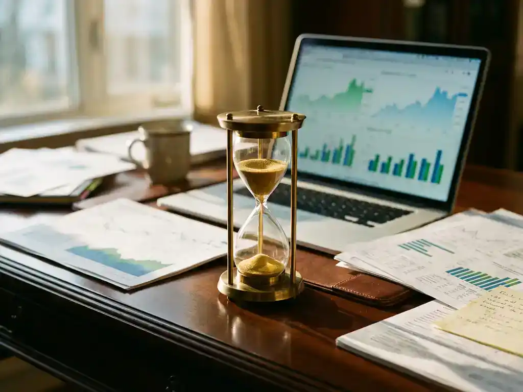 Hourglass with flowing golden sand on wooden desk with laptop showing analytics graphs and financial reports