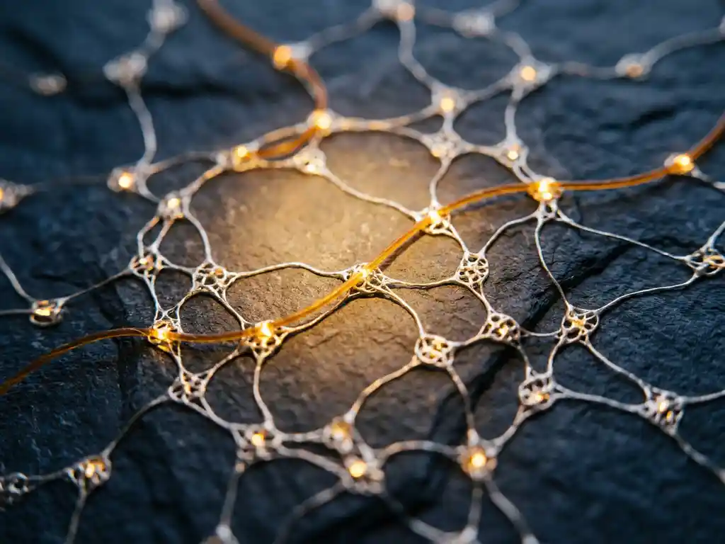 Glowing amber thread connecting silver nodes on a dark slate surface, illuminating each point of contact to represent live data enrichment.