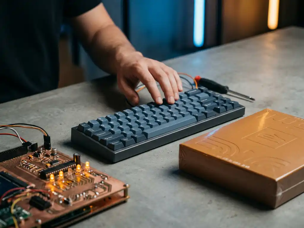 Developer's hand over a mechanical keyboard beside a custom circuit board and sealed software package, illustrating a build-or-buy decision.