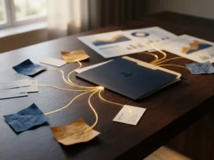Scattered contact cards and sticky notes on a modern desk converging via glowing thread into a unified profile folder, with marketing analytics printouts nearby.