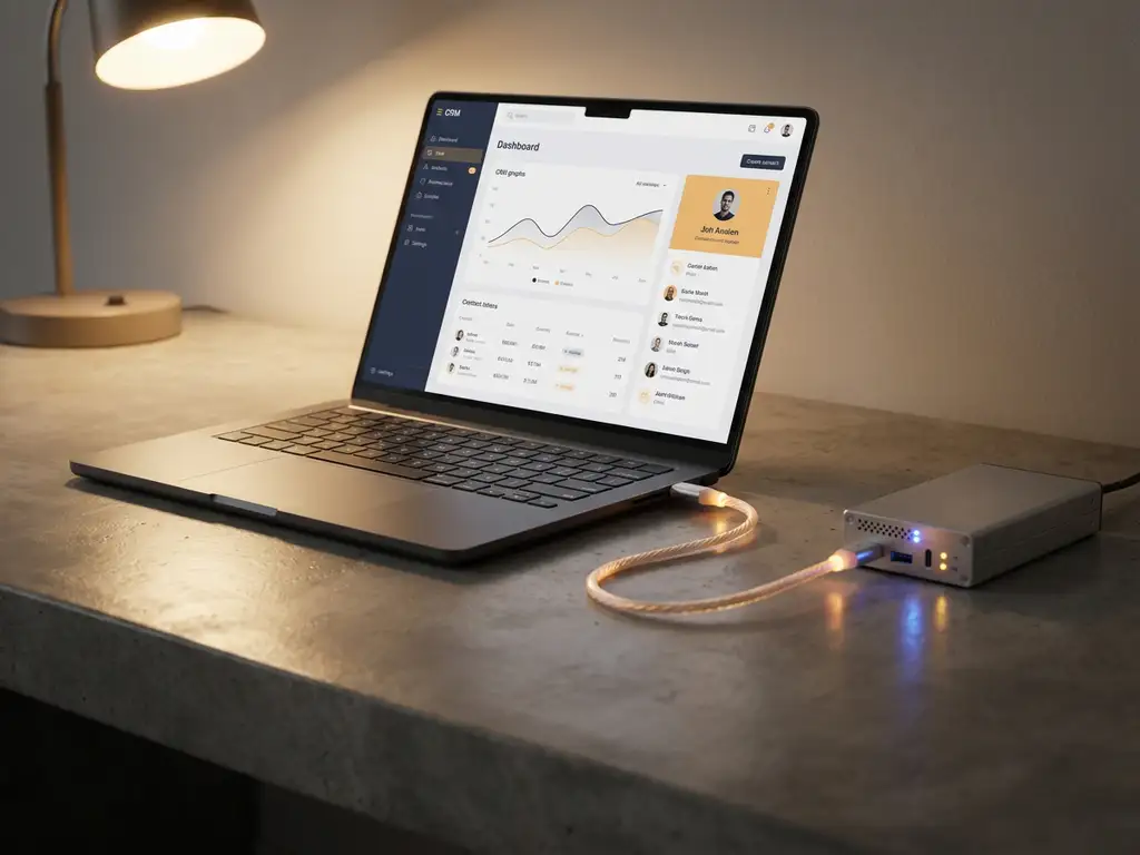 Laptop displaying a CRM dashboard connected to a compact server module via glowing data cable on a concrete desk.