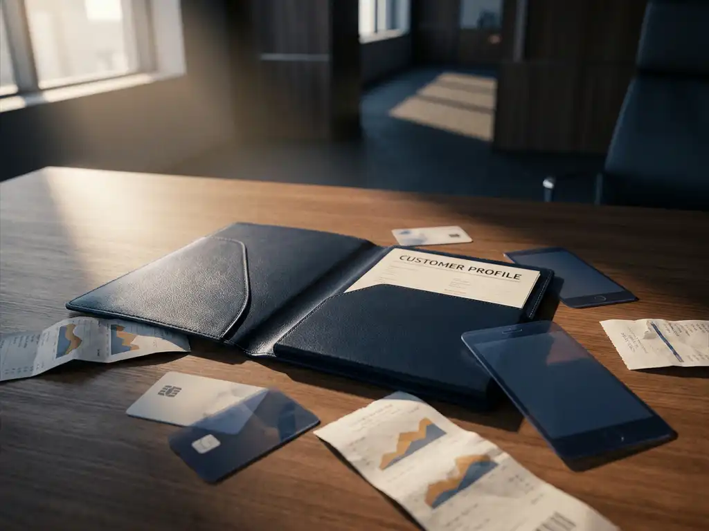 Open customer profile folder on a modern desk with browsing history receipts, loyalty cards, and device silhouettes converging around it.