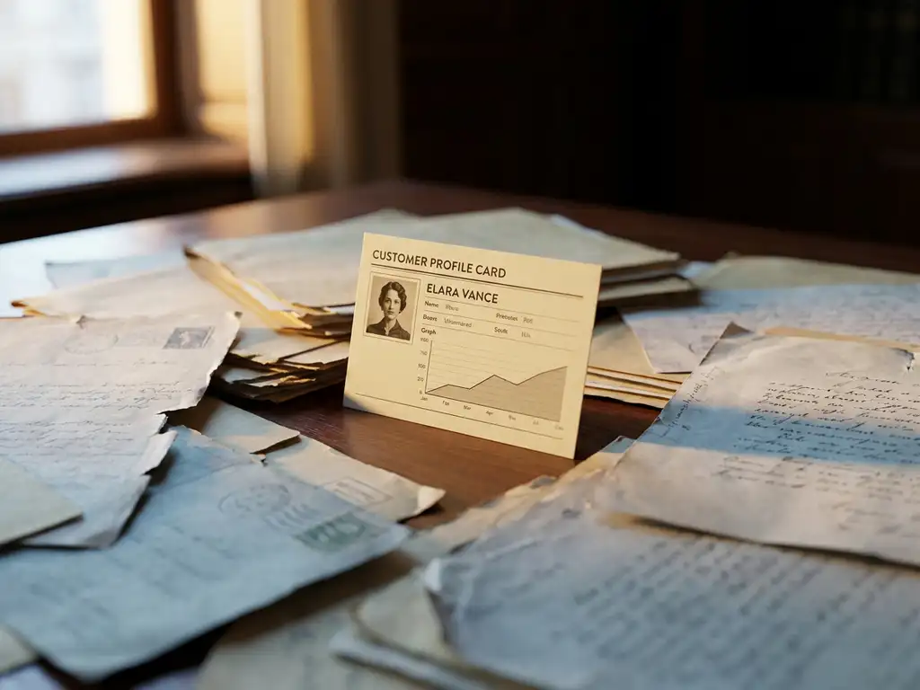Detailed customer profile card rising from a pile of faded, incomplete paper dossiers on a modern desk, lit by warm gold accent light.