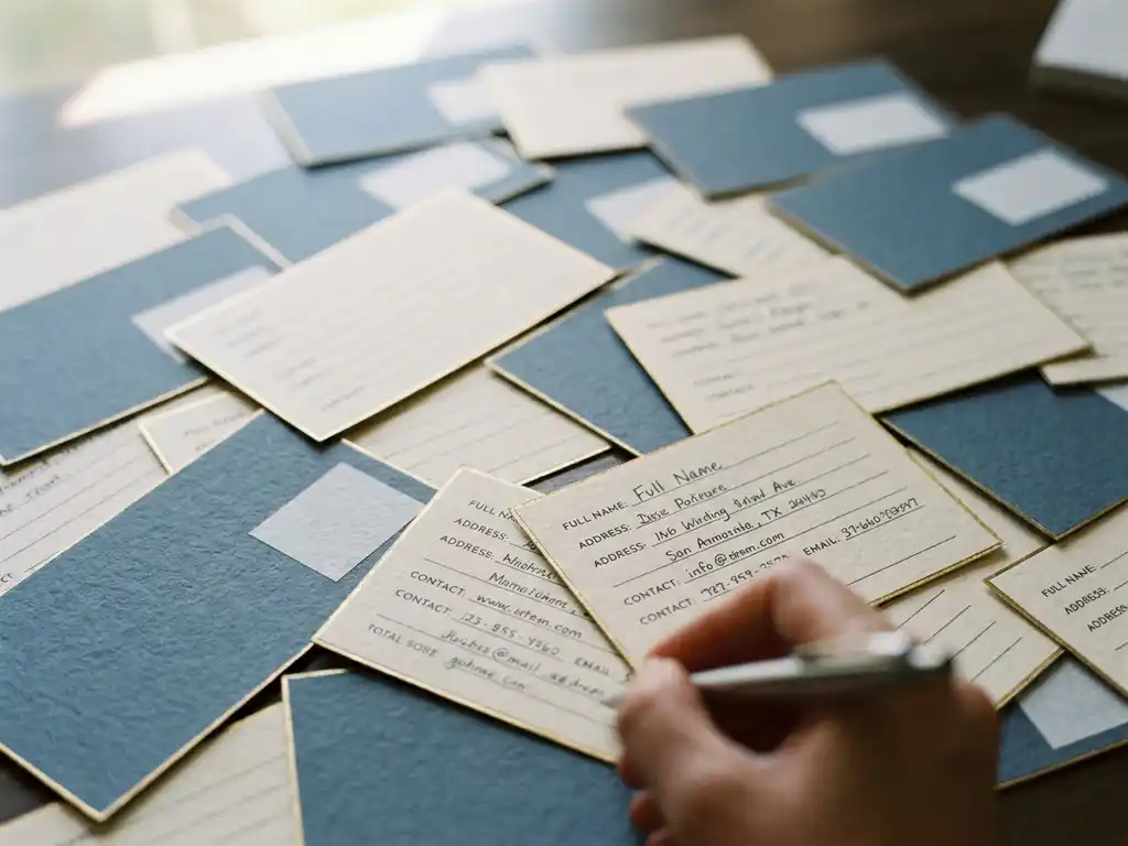 Complete customer profile card in focus among scattered incomplete profile cards on a white desk, shallow depth of field.