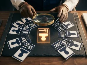 Analyst's hands using magnifying glass to examine a glowing amber customer profile card among scattered silhouette cards on a dark desk.
