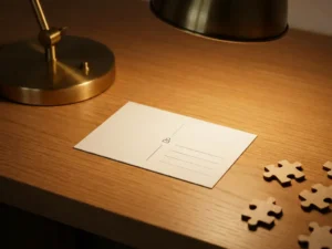Sparse customer profile card transforming into a detailed dossier with puzzle pieces, lit by a desk lamp on white surface.