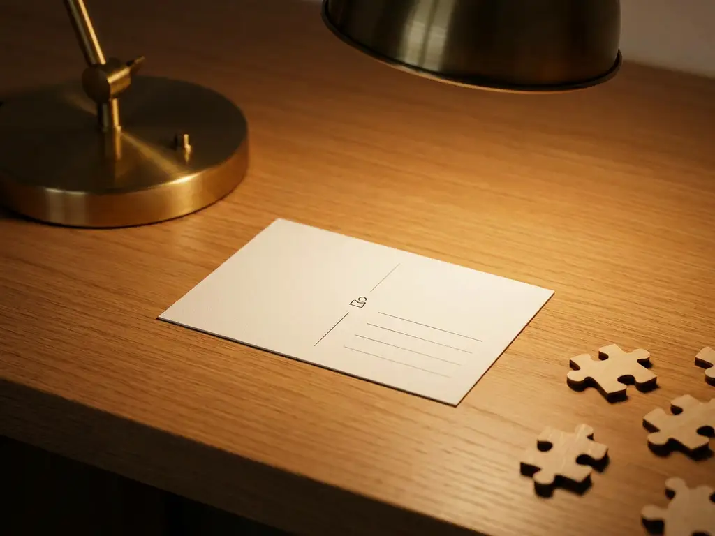 Sparse customer profile card transforming into a detailed dossier with puzzle pieces, lit by a desk lamp on white surface.