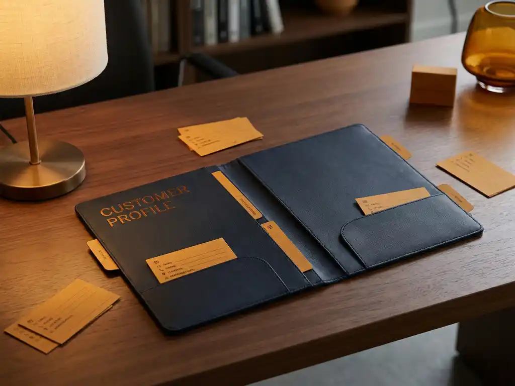 Customer profile folder open on a modern desk with data cards showing emails, phone numbers, and demographics being organized into it.