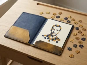Open customer profile folder on a modern desk surrounded by puzzle pieces revealing location, preferences, and lifestyle data details.