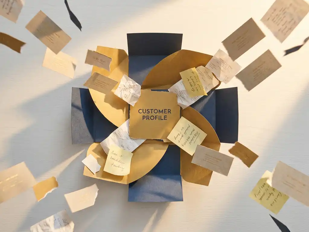 Customer profile folder open on a white desk with business cards, receipts, and sticky notes converging toward it, representing data unification.