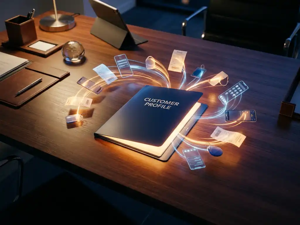 Glowing customer profile folder on a polished desk with receipts, device screenshots, and loyalty tags converging inward in navy and amber tones.
