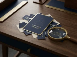 Clean customer profile card emerging from fragmented data slips on a modern desk, magnifying glass revealing complete contact details in navy and gold tones.