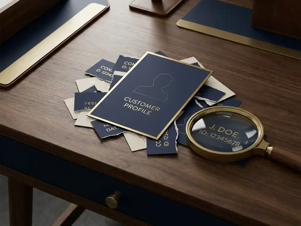 Clean customer profile card emerging from fragmented data slips on a modern desk, magnifying glass revealing complete contact details in navy and gold tones.