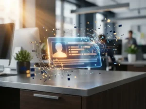Glowing customer profile card crystallizing from scattered data fragments on a modern desk, navy blue and amber tones, dramatic directional lighting.