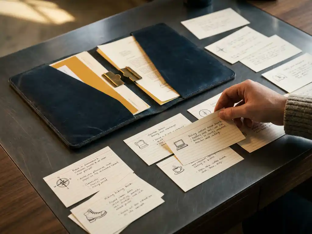 Open customer profile dossier on a modern desk surrounded by index cards with handwritten personal details arranged into a unified portrait.