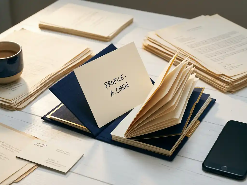 Sparse customer profile card evolving into a detailed dossier, layered documents fanning outward beside a coffee cup, business card, and smartphone on a white desk.