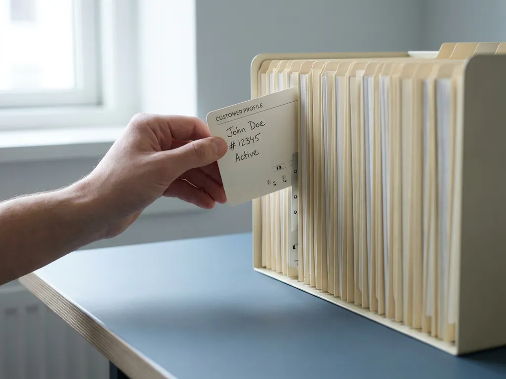 Thin customer profile card being filed into an organized filing system on a modern desk, lit by soft natural window light.