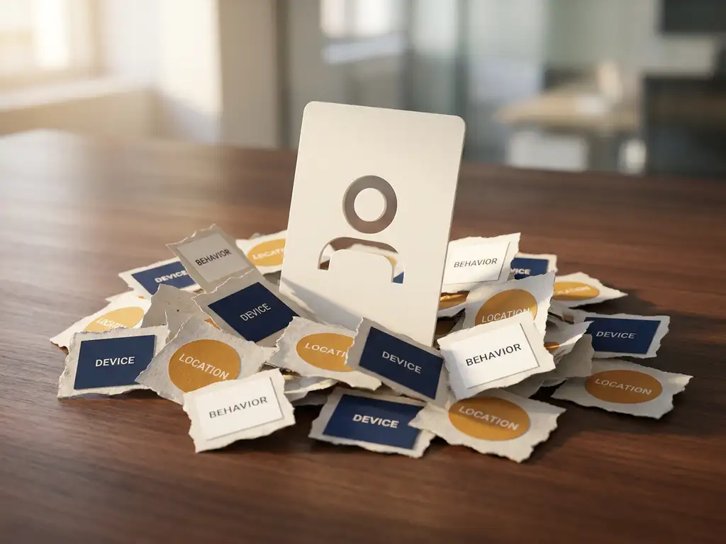Unified customer profile card rising from fragmented data slips color-coded by device, location, and behavior on a modern desk.