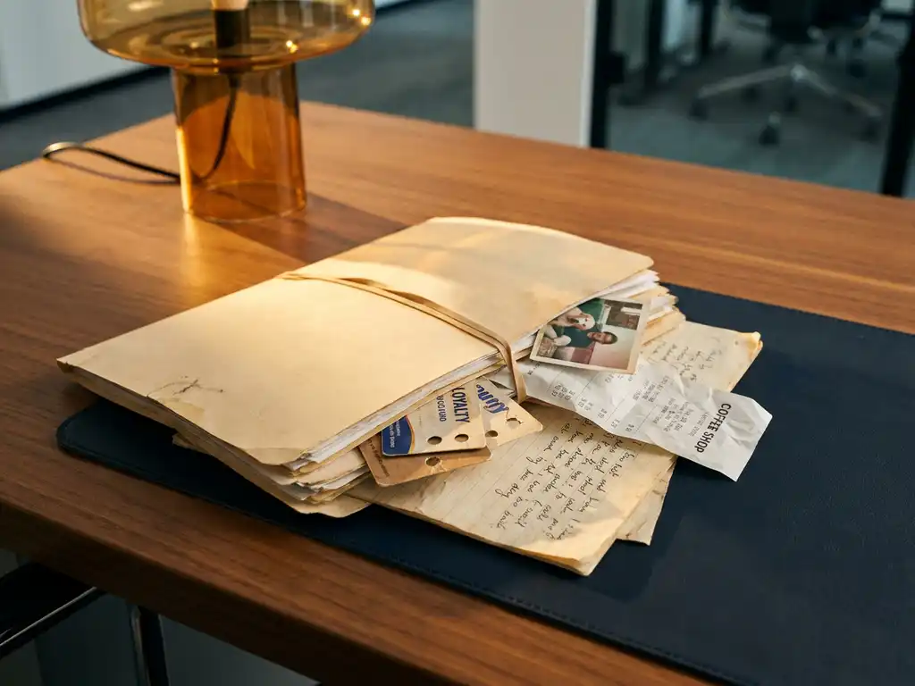 Customer profile folder with handwritten notes, loyalty cards, coffee receipt, and photo on a modern desk with warm golden lighting.
