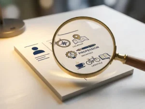 Magnifying glass revealing layered customer profile details — location, profession, lifestyle icons — on a white desk with warm golden light.