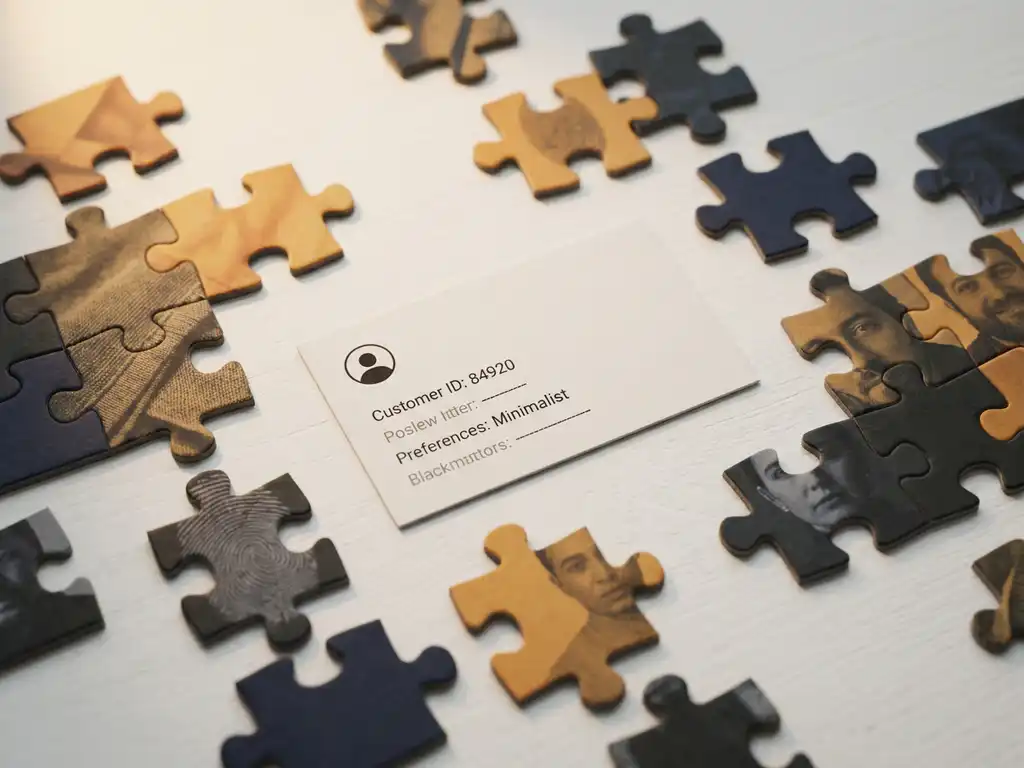 Customer profile card on white desk with puzzle pieces converging around it, symbolizing data unification, warm amber and navy tones.
