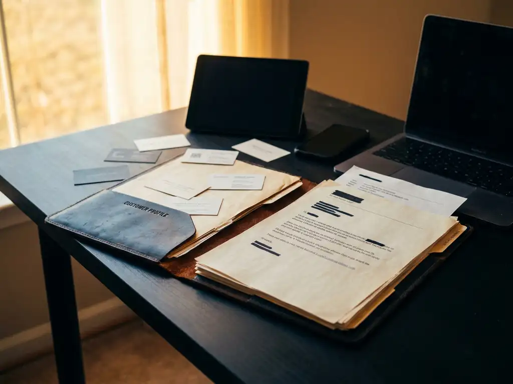 Customer profile folder open on a desk with business cards, email printouts, and device silhouettes merging into one unified dossier.