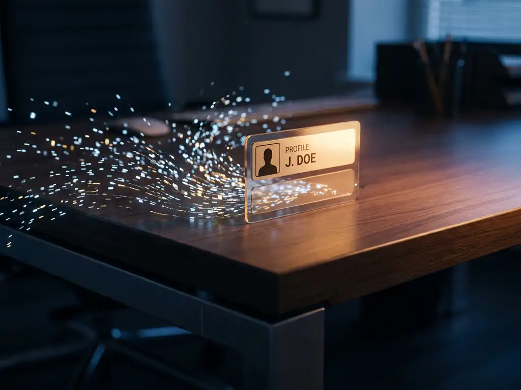 Glowing customer profile card emerging from converging digital data fragments on a modern desk, illuminated by warm amber light against deep navy shadows.