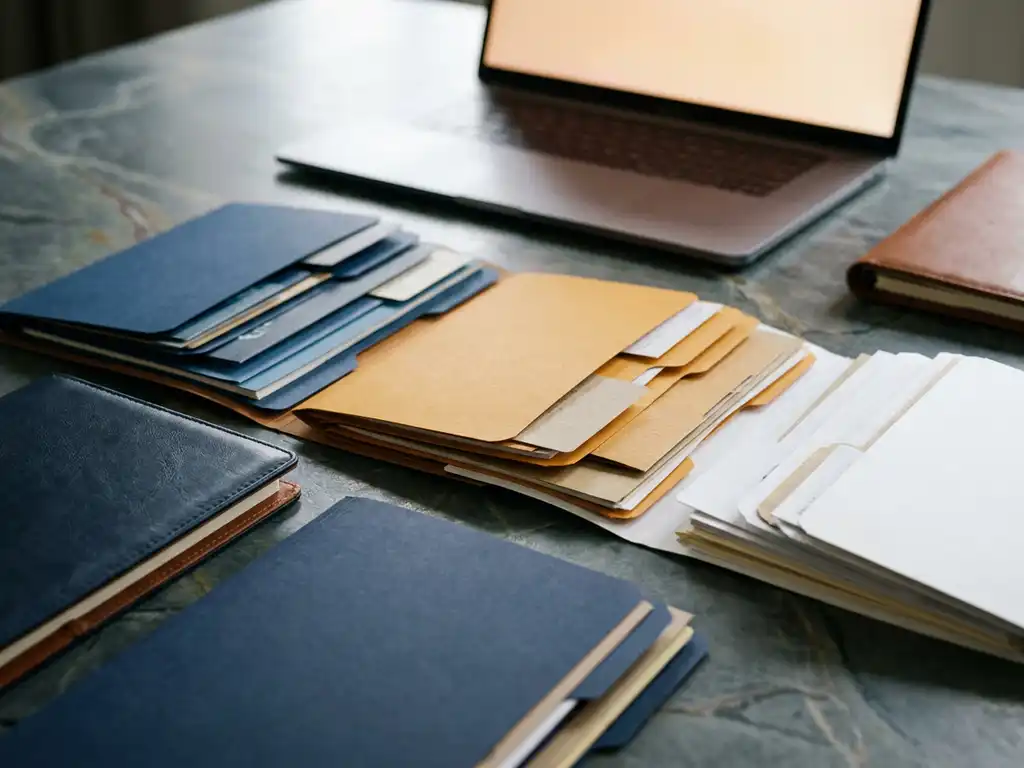 Colorful customer profile folders grouped by category on a slate desk, with a glowing laptop in the background.