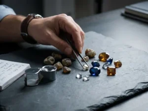Data analyst's hands sorting gemstones by clarity and cut on slate, with a magnifying loupe nearby and unrefined stones beside polished clear ones.