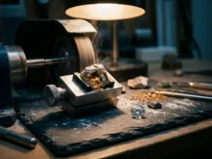 Rough uncut gemstone beside a faceted brilliant diamond on a dark slate workbench dusted with fine mineral particles.